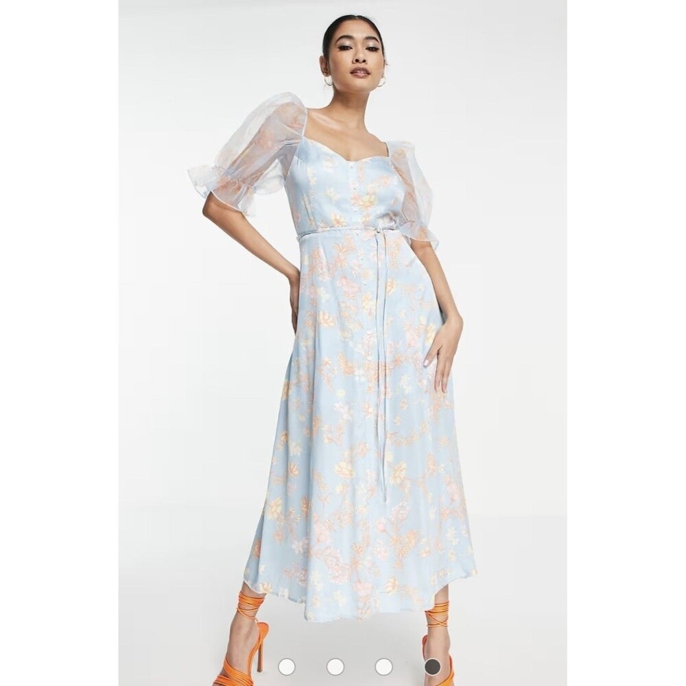 French connection Diana drape forget me not puff sleeve midi Fairy dress Size 10